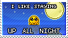 a stamp of a shiny eyed face in front of a nighttime background featuring a bouncing moon, with the text surrounding the scene reading 'I like staying up all night'.