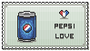 a stamp of a can of pepsi that is animated, with the text 'PEPSI LOVE' next to it. there is a spinning heart above the text in the colours of the pepsi logo, red, blue and white.