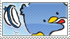 a stamp of tuxedo sam from sanrio. his hat is falling off.